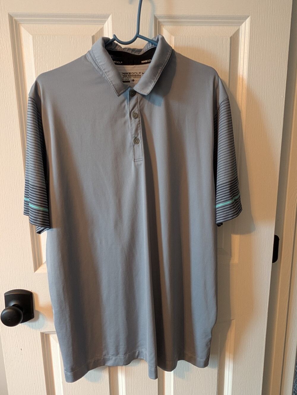 Nike Golf L Polo Tour Performance Dri-Fit Gray & Teal Striped Back Athletic